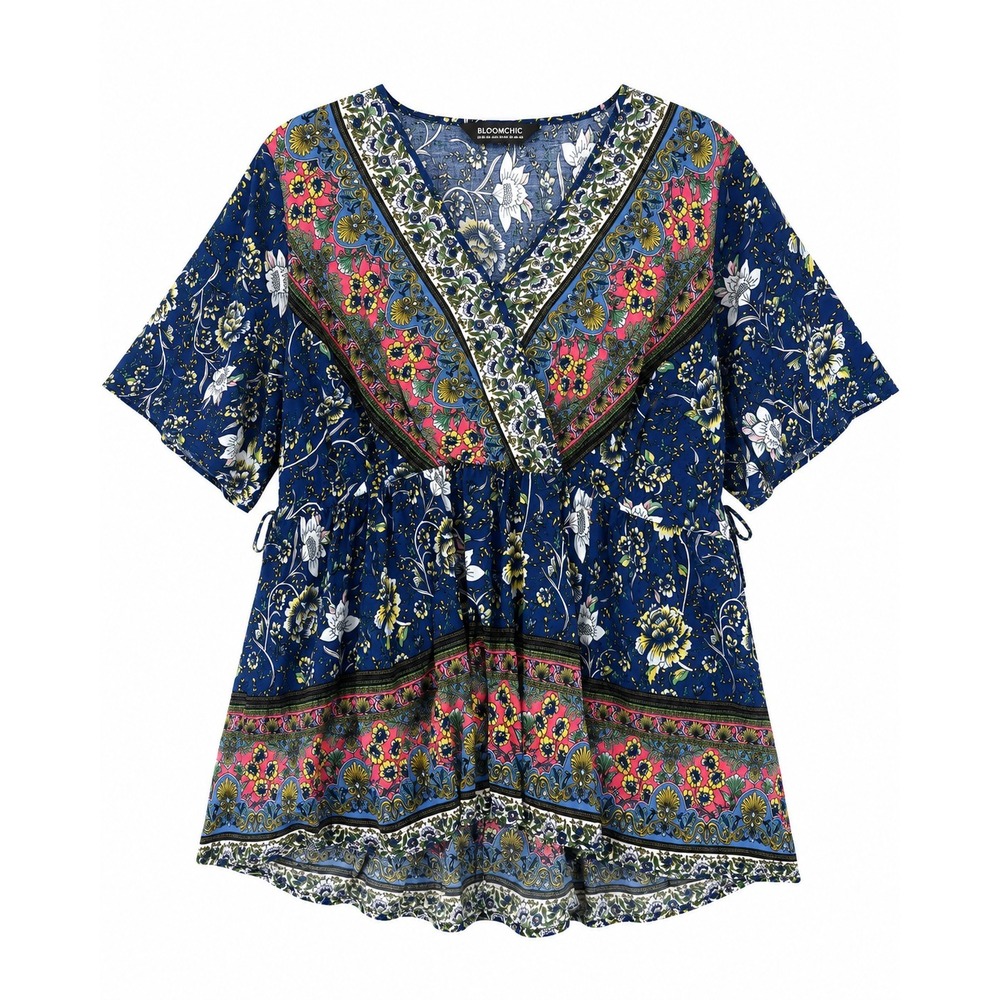 Boho Floral V Neck Tunic Festival Resort Top Blue Bell Sleeve Womens 18-20 Plus - Picture 2 of 13